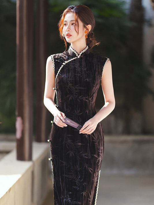 Night Garden sleeveless high slit long qipao cheongsam — detail view