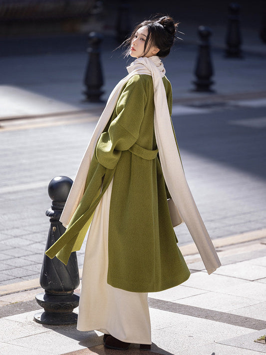 Song Dynasty Modern Hanfu Jacket and Wide Leg Pants for Autumn and Winter - Moss Green 苔藓绿 (Preorder)