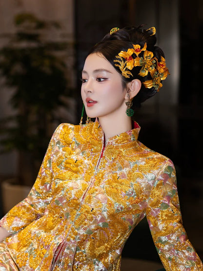 Golden Flower Phoenix Bridal Hairpin Tassel Chinese Wedding Hair Accessories for Hanfu Bride