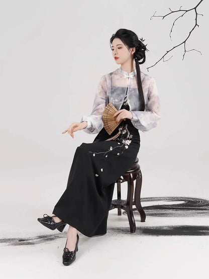 Song Dynasty Modern Hanfu Set with Spiral Skirt - Night Plum Window 暗梅窗夜 (Preorder)