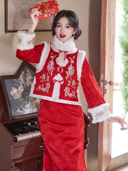 Long Sleeve Fur Trim Floral Qipao and Vest | Auspicious Luck