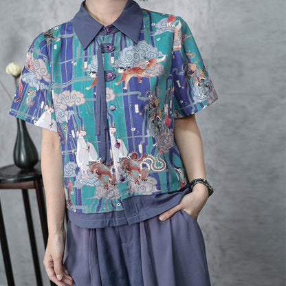 New Chinese Style Short Sleeve Dunhuang Print Shirt - Phantom World 幻世集