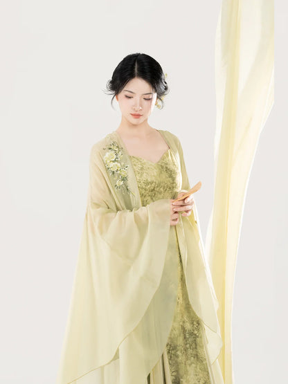 New Chinese Style Women Gradient Embroidered Wide-Sleeve Cape & Pleated Slip Dress - Camellia Water 山茶煮水 (Preorder)
