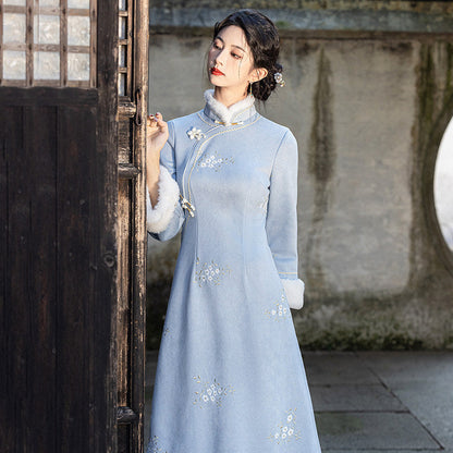 Long Sleeve Fur Trim A Line Qipao | Tranquil