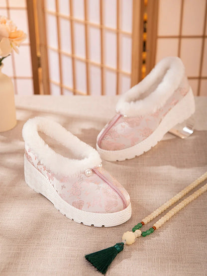 Mary - Furry Brocade Hanfu Shoes for Winter