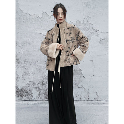 New Chinese Style Bamboo Leaf Woolen Plush Jacket - Yin Qiu 寅秋