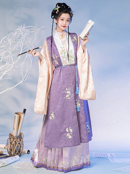 Ming Dynasty Satin Embroidered Bijia & Printed Mamian Skirt | Xilouyue 西楼月