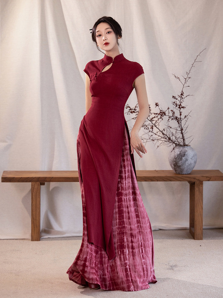 Qipao Style Slit Ao Dai Tie-Dye Dress - Crimson 绯色 (Preorder)
