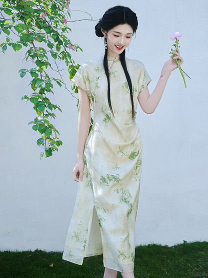 Short Sleeve Modern Midi Cheongsam | Bamboo Leaves