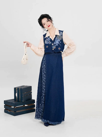 Song Dynasty Modern Hanfu Set with Majia, Long Sleeve Top and Denim Spiral Skirt - Blue Kite 蓝鸢 (Preorder)