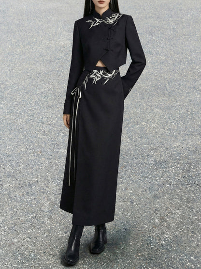New Chinese Style Black Bamboo Leaf Print with Irregular Hem Crop Suit and Slit Skirt (Preorder)