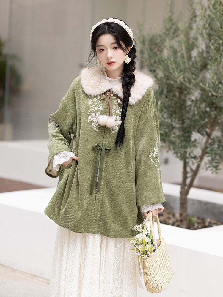 New Chinese Style Mid Length Jacket with Faux Fox Fur Collar - Matsuba Tea 松间茶 (Preorder)