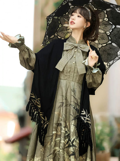 Glitter Bamboo 鎏金竹影 - New Chinese Style Printed Long-Sleeve Dress and Shawl Set (Preorder)