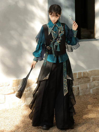 Qingluan Yu 青鸾羽 - New Chinese Style Retro Han Elements Vest, Blouse and Pants Outfit for Women