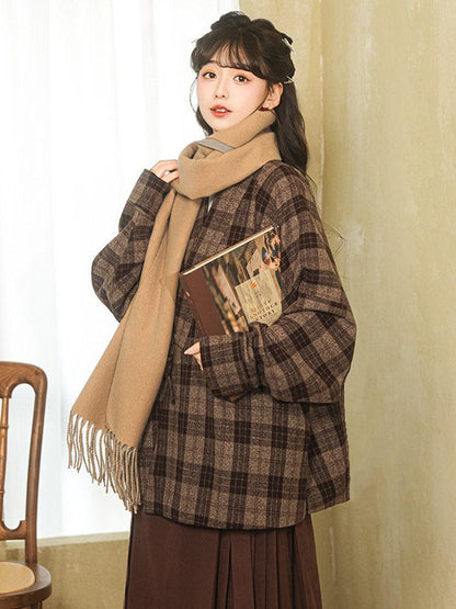 Modern Hanfu Cross Collar Plaid Jacket for Autumn and Winter - Warm Sun 暖阳
