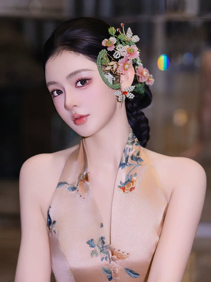 Romantic Pink Floral Bridal Hair Accessories Fairy-Style Chinese Wedding Headpiece for Xiuhe and Cheongsam Bride