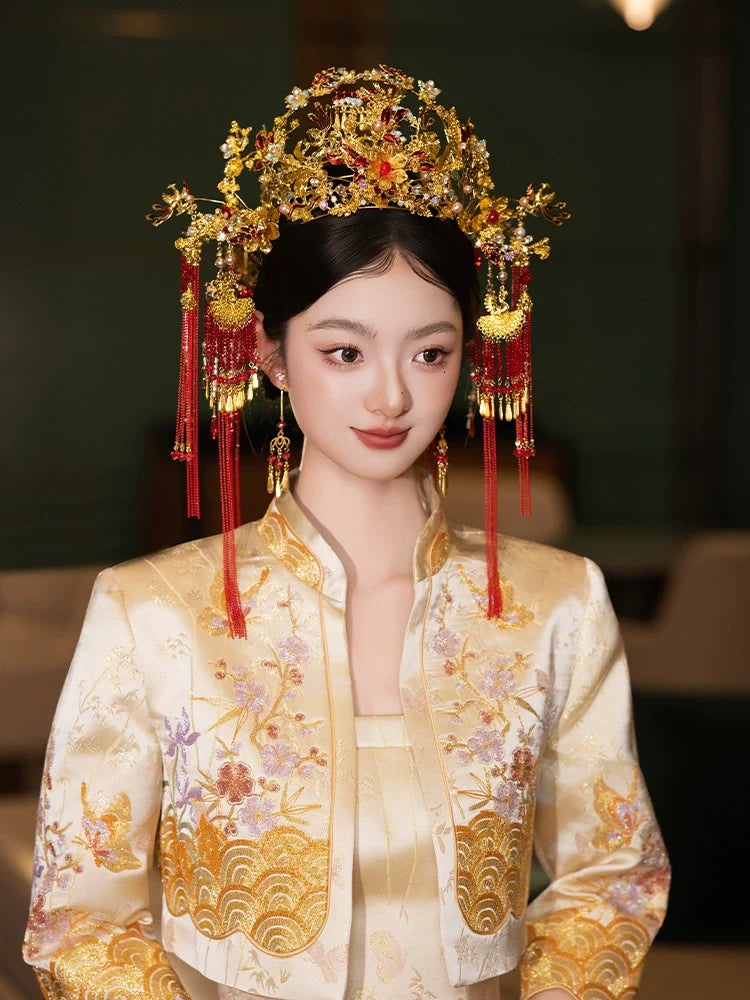 Golden Phoenix Grace - Luxury Phoenix Crown Bridal Headpiece Red Tassel and Gold Flower Chinese Wedding Hair Accessories for Xiuhe Dress