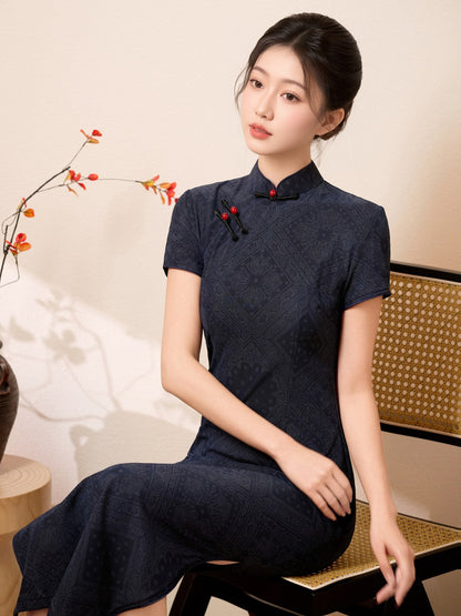 Short Sleeve Midi Cheongsam | Navy