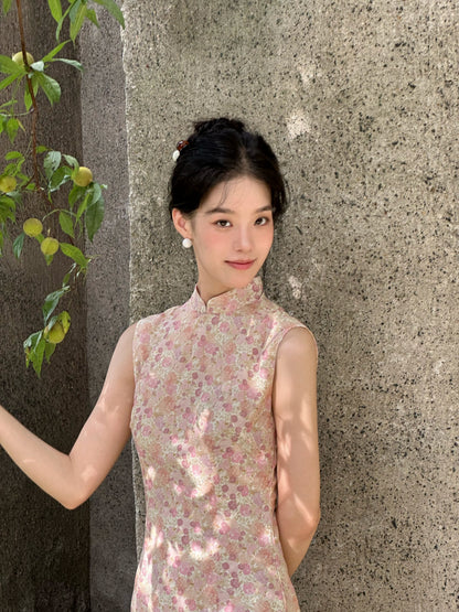 Sleeveless Cotton Retro Floral Long Cheongsam | Buji