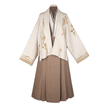 Ming Dynasty Modern Hanfu Jacket and Mamianqun Set - Rose Cocoa 蔷薇可可