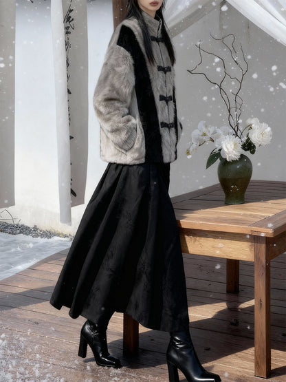 New Chinese Style Faux Rabbit Fur Jacket - Golden Bamboo Leaf 金竹叶 (Preorder)