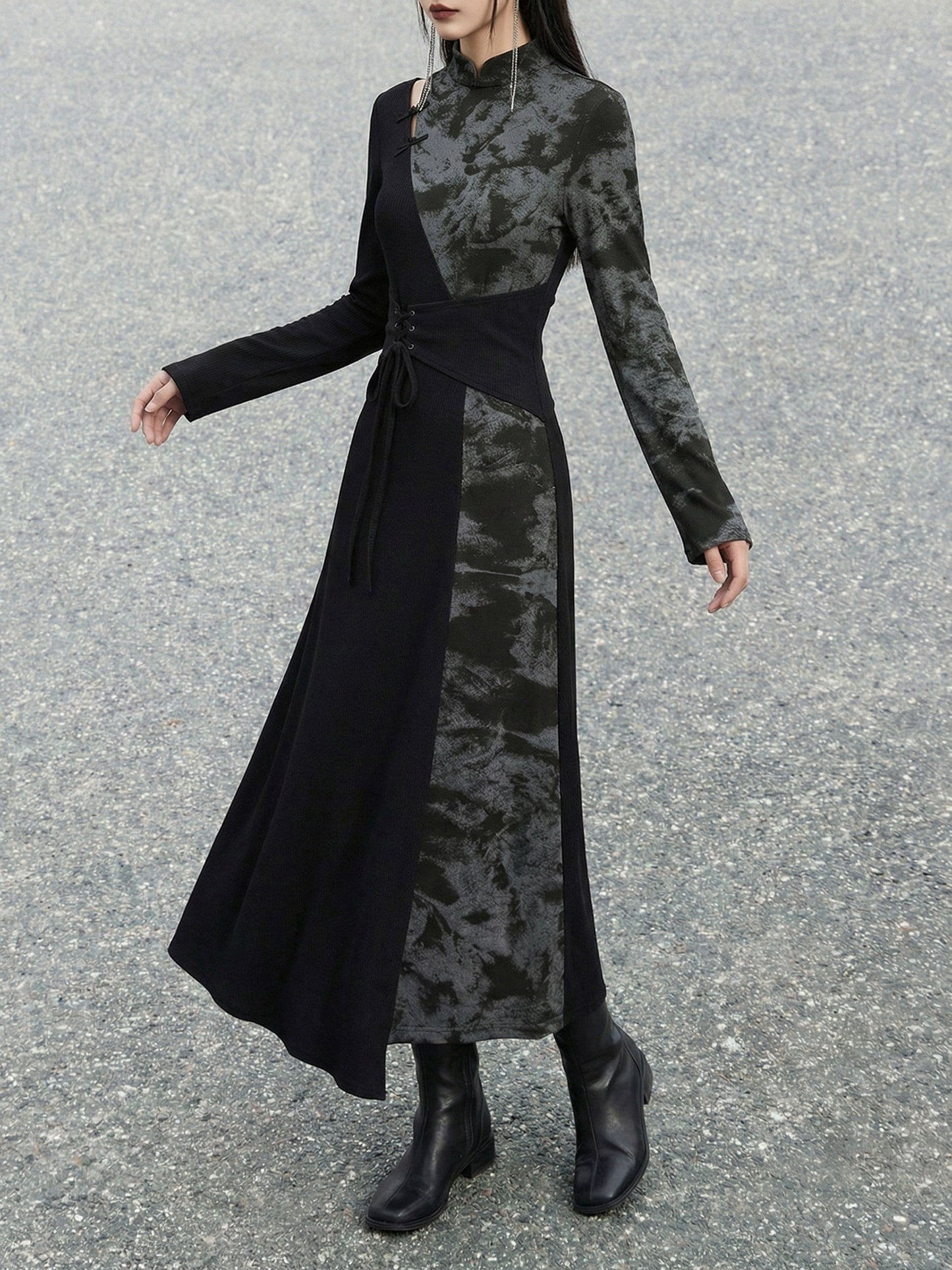 New Chinese Style Black Cotton Long Sleeve Dress (Preorder)