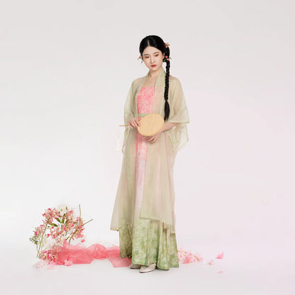 Song Dynasty Modern Hanfu Set with Changgan Temple Beizi and Mamian Slip Dress - Peach Willow Branch 桃柳枝 (Preorder)