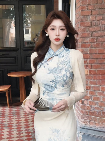 Short Sleeve Long Cheongsam | Porcelain