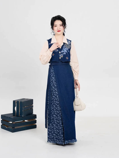 Song Dynasty Modern Hanfu Set with Majia, Long Sleeve Top and Denim Spiral Skirt - Blue Kite 蓝鸢 (Preorder)