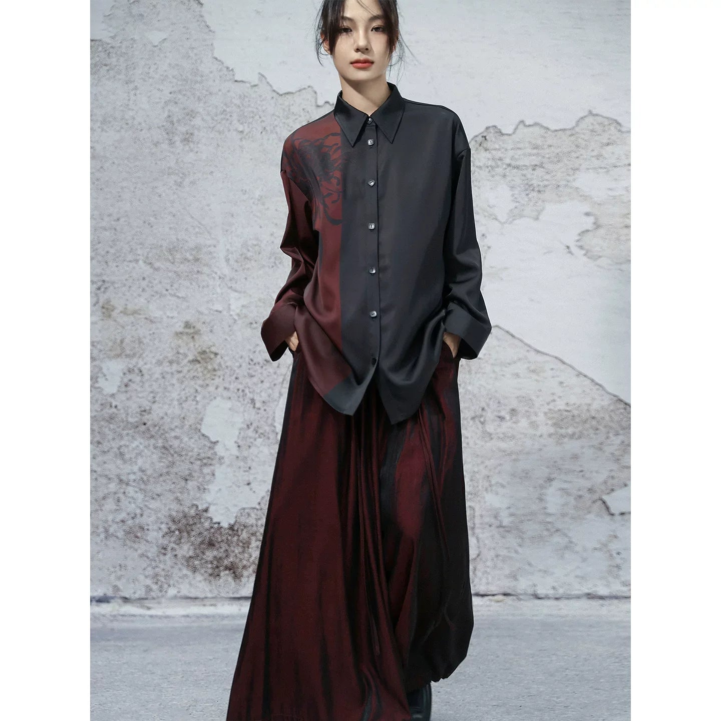 New Chinese Style Dark Satin Black and Red Chrysanthemum Printed Long Sleeve Top - Nine Autumn Guest 九秋客