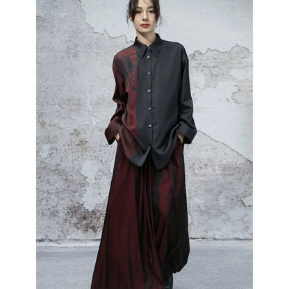 New Chinese Style Dark Satin Black and Red Chrysanthemum Printed Long Sleeve Top - Nine Autumn Guest 九秋客