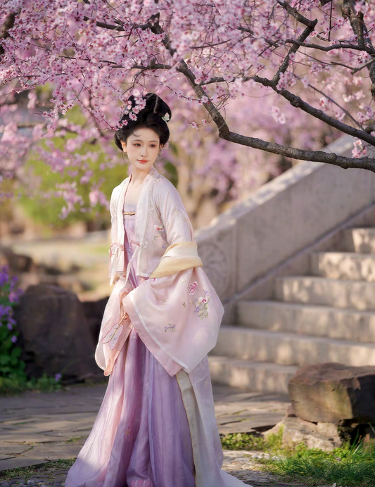 Hundred Flowers Scroll | Tang Dynasty Hanfu Set with Famen Temple Shawl and Nine Panel Qixiong Skirt