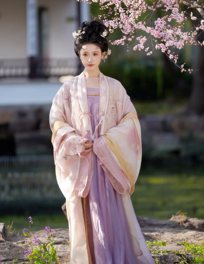 Hundred Flowers Scroll | Tang Dynasty Hanfu Set with Famen Temple Shawl and Nine Panel Qixiong Skirt